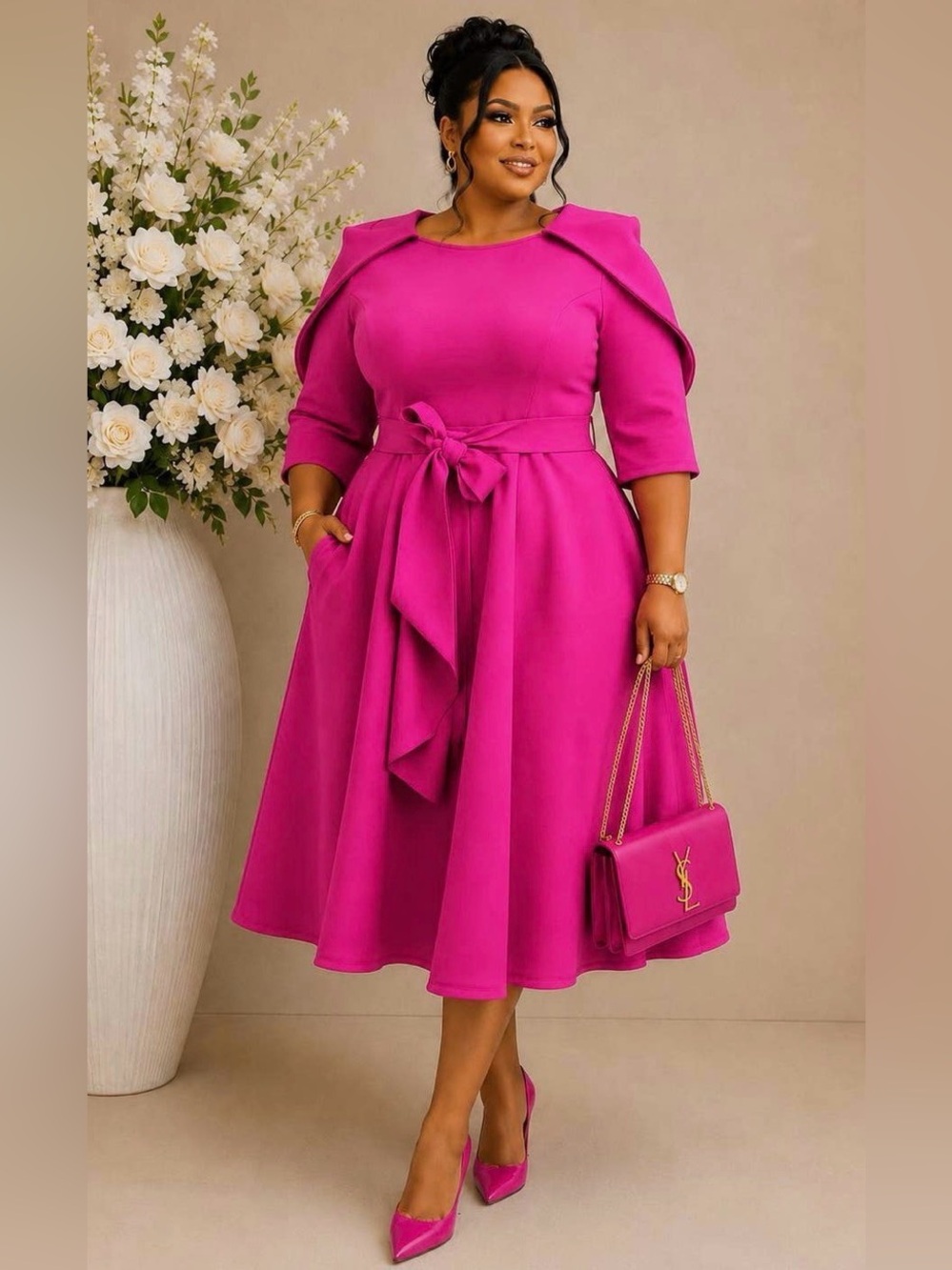 New Elegant Fuchsia Fit-and-Flare Dress with Self-Tie Belt